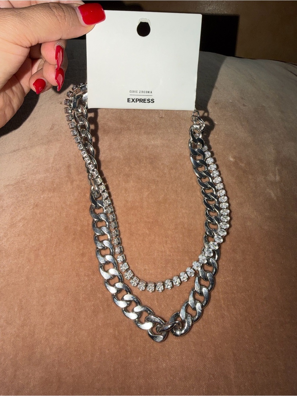 Express Silver-Tone Double Layer Crystal & Curb Chain Necklace